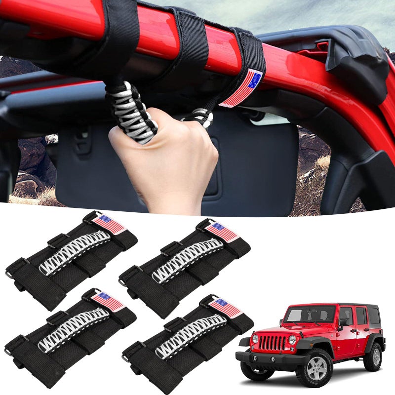 Gaizon 4 Pack Grab Handles Roll Bar Paracord Handgrip Handles with America Flag Pattern Replacement for Jeep Wrangler YJ TJ JK JL Gladiator JT 1955-2022(White) - Image 1